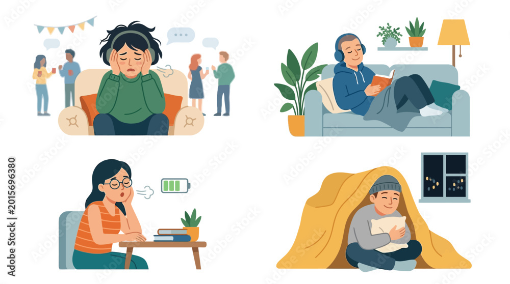 Fototapeta premium Illustrations of introverted individuals seeking quiet, comfort, and solitude, depicting scenes of social overwhelm, reading, relaxation, and mental exhaustion.