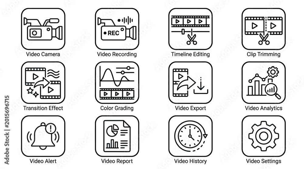 Obraz premium Set of video editing and media management line icons.