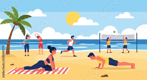 Cuadro en lienzo Active people exercising and playing sports on a sunny beach vacation
