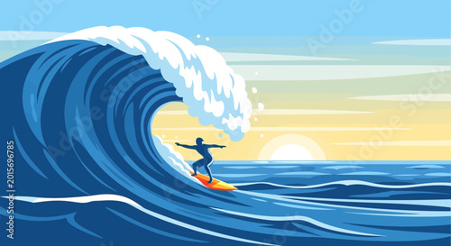 Tableau sur toile Surfer Riding Giant Ocean Wave at Sunset, Extreme Sports and Adventure