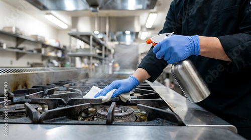 Professional kitchen staff wearing blue nitrile gloves cleaning a commercial gas stove with a spray bottle and cloth in a restaurant kitchen.