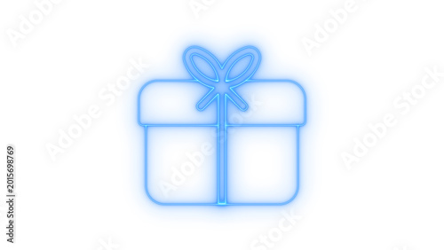 Colorfull neon glowing gift box icon with a bow for birthday celebration and holiday surprise isolated on transparent background for graphic design and web app projects with light.