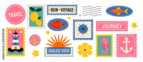 Travel journey stickers in retro cartoon style. Vintage stamp elements: suitcase, lighthouse, fish, anchor, sun, bon voyage labels, decorative frames. Vacation and adventure concept