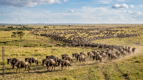 Photos Wildebeest aka Gnu Huge Herg in Migration on Grassland in African Savanna, Tanzania