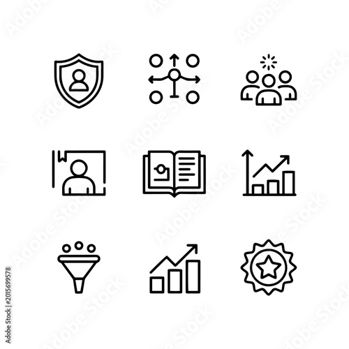 Business management line icons set, corporate strategy and growth symbols, professional marketing and human resources vector elements for web design