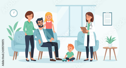 Bild auf Leinwand Family at Doctor's Office Waiting Room with Female Physician