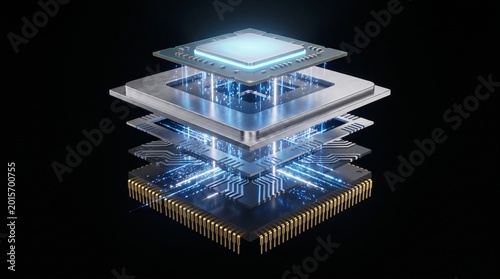Futuristic 3D Exploded View of High-Performance Computer Processor Chip with Glowing Blue Circuits