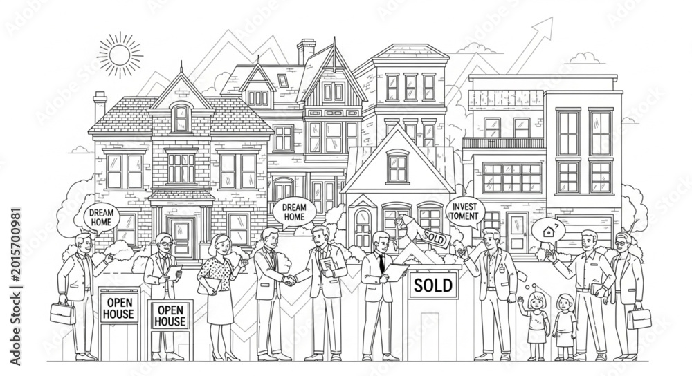 Obraz premium Sketch of Diverse Architectural Styles of Residential Buildings.