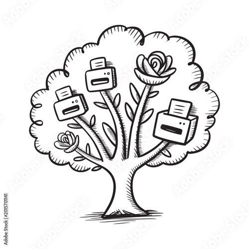 Tree with printer and rose illustrations black and white sketch