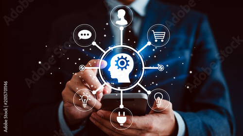 AI-powered digital marketing and analytics concept with human head and icons