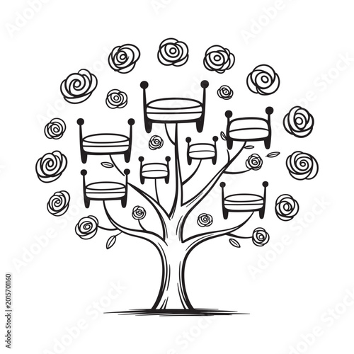 Tree with chairs and floral elements black and white illustration