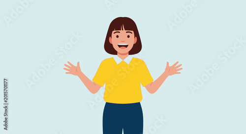 Obraz na plátně Happy Woman With Open Arms, Welcoming Gesture, Bright Yellow Shirt, Flat Illustr