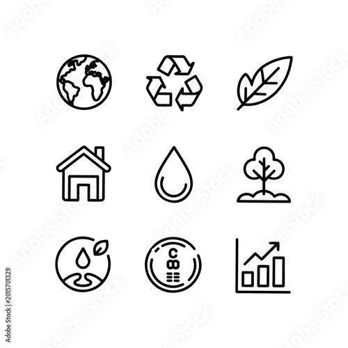 Minimalist ecology line icons set, 9 environmental sustainability vector symbols, green energy and recycling linear graphics for web design