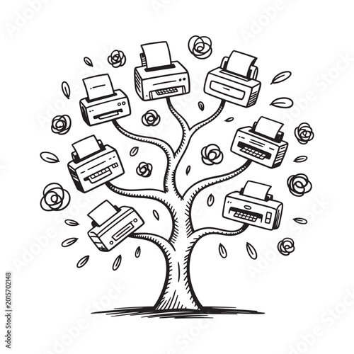 Printer tree illustration whimsical black and white sketch