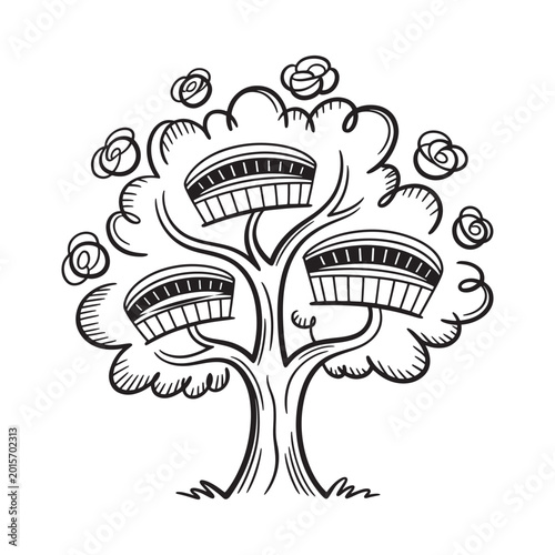Tree of life illustration with drums black and white