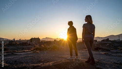 Two people watch the sunrise over a desolate landscape