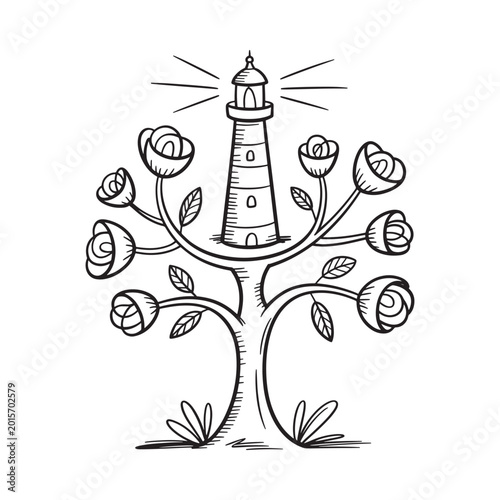 Lighthouse tree illustration black and white line drawing