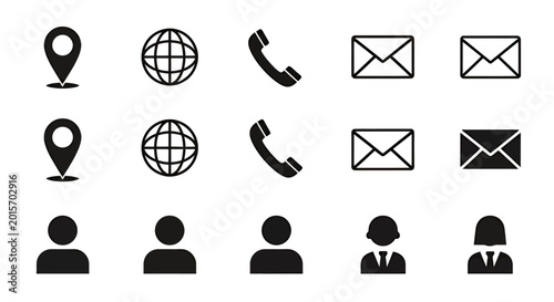 Set of flat vector icons featuring people silhouettes, location pins, globes, and communication elements such as emails and phones.