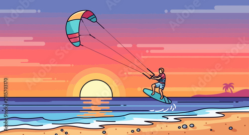 Kitesurfer riding wave at sunset, pixel art style, vibrant colors, ocean beach landscape