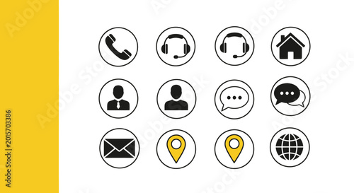 Collection of round social and communication icons on white background with a yellow accent stripe.