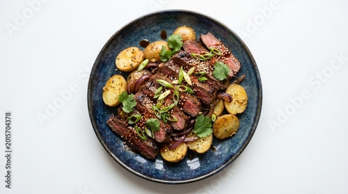 photo of a plate of steak and potatoes on a white background made by AI generative