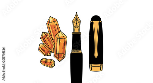 Elegant black fountain pen with gold nib and orange crystals