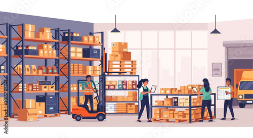 Foto Warehouse workers loading boxes with forklift and checking inventory
