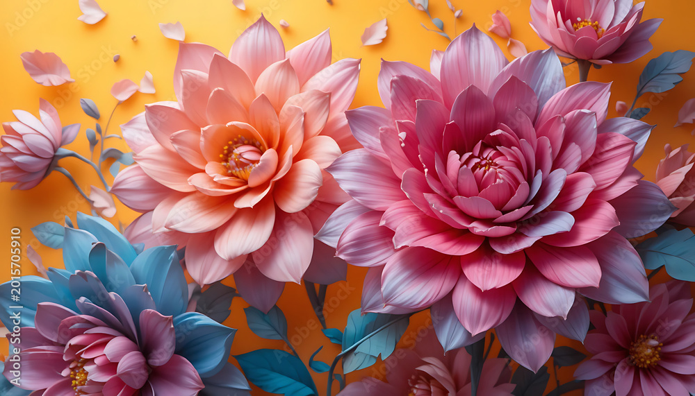 Obraz premium Pink and peach-colored flowers with blue leaves on orange background, paper cutout style