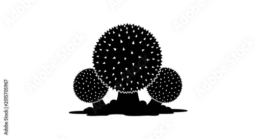 Black silhouette of three spiky round trees on white background