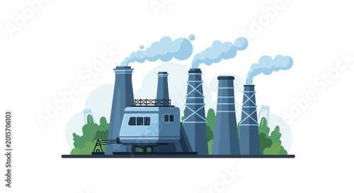 Modern industrial manufacturing plant with emission chimneys