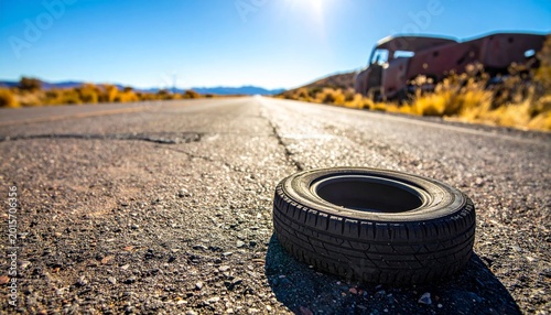 Worn Tire Fragment on a Cracked Desert Road