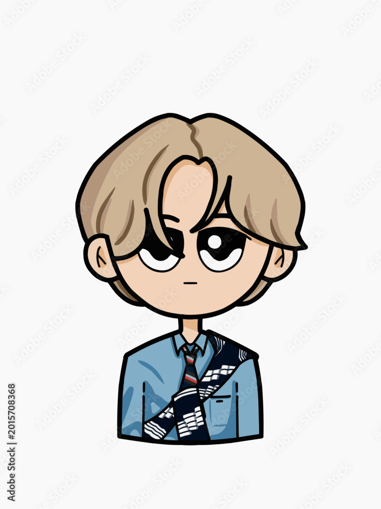 Fototapeta premium Vector Illustration of Young Man with Blonde Hair Wearing Light Blue Shirt and Stripe Sweater Over Shoulder 