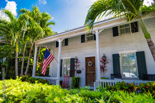 Architectural building. Residential district with house property. Architectural residential district. House architecture. Modern building exterior American flag. Residential building architecture