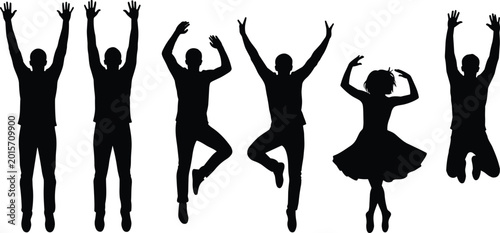 Foto Energetic group of diverse people silhouettes jumping together with raised arms