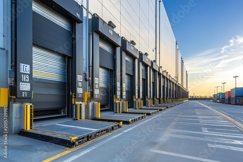 Logistics centers back-end loading area showcasing state-of-the-art hydraulic dock levelers clearly numbered docking stations a meticulously organized fleet of freight