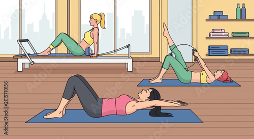 Photos Women exercising in a bright studio with pilates reformers and yoga mats