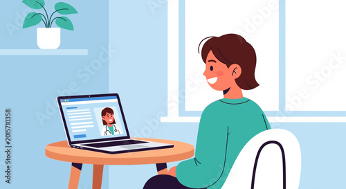 Bild auf Leinwand Young person video calling on laptop, smiling, online communication, remote work