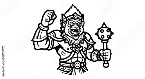 Photography Fierce Monkey Warrior with Mace, Traditional Asian Art Style, Black and White Il