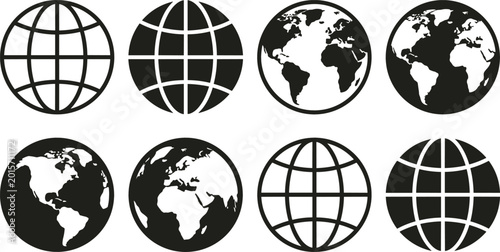 Foto Set of globe earth vector icons featuring world map and international geography symbols in minimalist black outline style