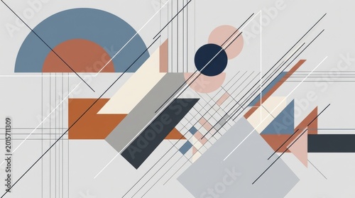 Bauhaus style geometric abstract background, minimalist architectural composition with diagonal lines, retro mid-century modern shapes in muted earth tones