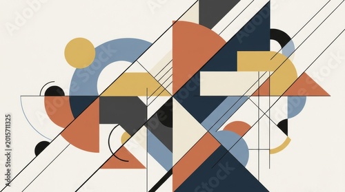 Bauhaus style abstract geometric composition, retro mid-century modern art with circles and triangles, minimalist graphic design background