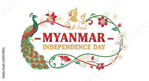 Myanmar Independence Day Illustration with Peacock Design.