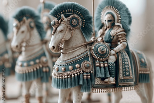 Intricately Detailed Teal and Gold Statues of Armored Warriors on Majestic Horses