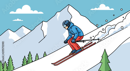 Εκτύπωση καμβά Man skiing down a steep snowy mountain slope with pine trees and blue sky