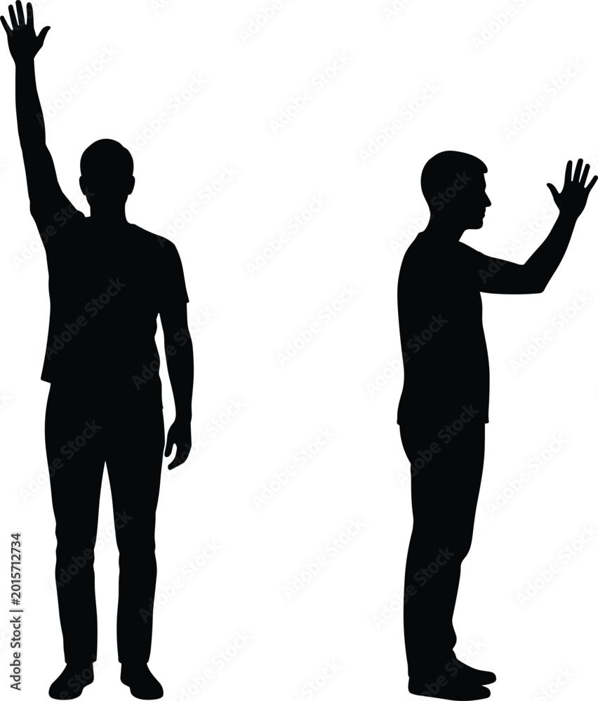 Fototapeta premium Two human silhouette figures standing with raised arms in different postures, one front view and one side profile gesture illustration