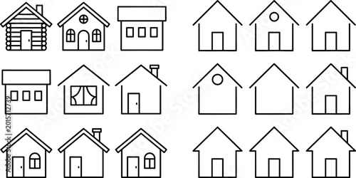 Foto Set of simple house vector icons featuring residential home buildings in minimalist outline style isolated architectural illustration collection