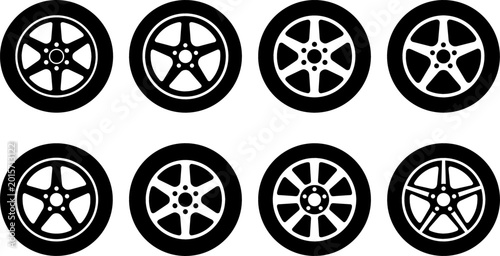 Tableau sur toile Set of sporty car wheel rim vector illustrations featuring automotive alloy tire designs in black silhouette style collection