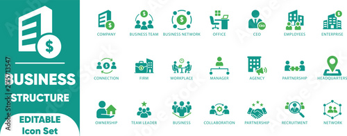 Business structure Solid icon set.  Company, office, business network, hierarchy, employees, organization, illustration, and solid icons.