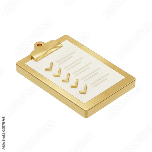 Golden clipboard with checklist on transparent background isometric view