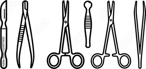 Foto Surgical instruments illustration with scalpel, forceps, retractor, scissors, an